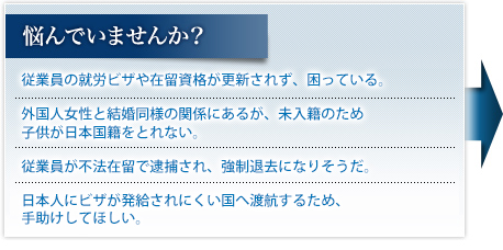 悩んでいませんか？従業員の就労ビザや在留資格が更新されず、困っている。外国人女性と結婚同様の関係にあるが、未入籍のため子供が日本国籍をとれない。従業員が不法在留で逮捕され、強制退去になりそうだ。日本人にビザが発給されにくい国へ渡航するため、手助けしてほしい。