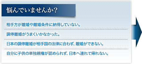 悩んでいませんか？ ･相手方が離婚や離婚条件に納得していない。 ･調停離婚がうまくいかなかった。 ･日本の調停離婚が相手の国の離婚の法律に合わず、離婚ができない。 ･自分ひとりに子供の親権が認められず、内縁解消で日本へ連れて帰れない・連れ去り。