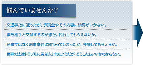 悩んでいませんか？ ･交通事故に遭ったが、示談の内容や慰謝料に納得がいかない。<br>･事故相手と示談・交渉するのが嫌だ。代行してもらえないか。<br>･民事ではなく刑事事件に関わってしまったが、弁護してもらえるか。<br>･民事の法律トラブルに巻き込まれたようだが、どうしたらいいかわからない。